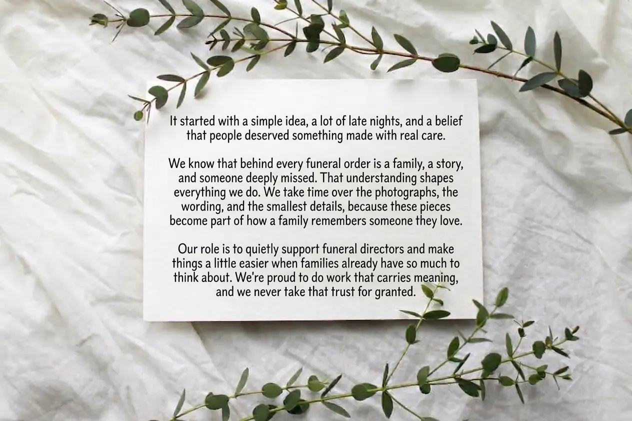 [Photograph — founder reviewing a printed proof at the workbench]