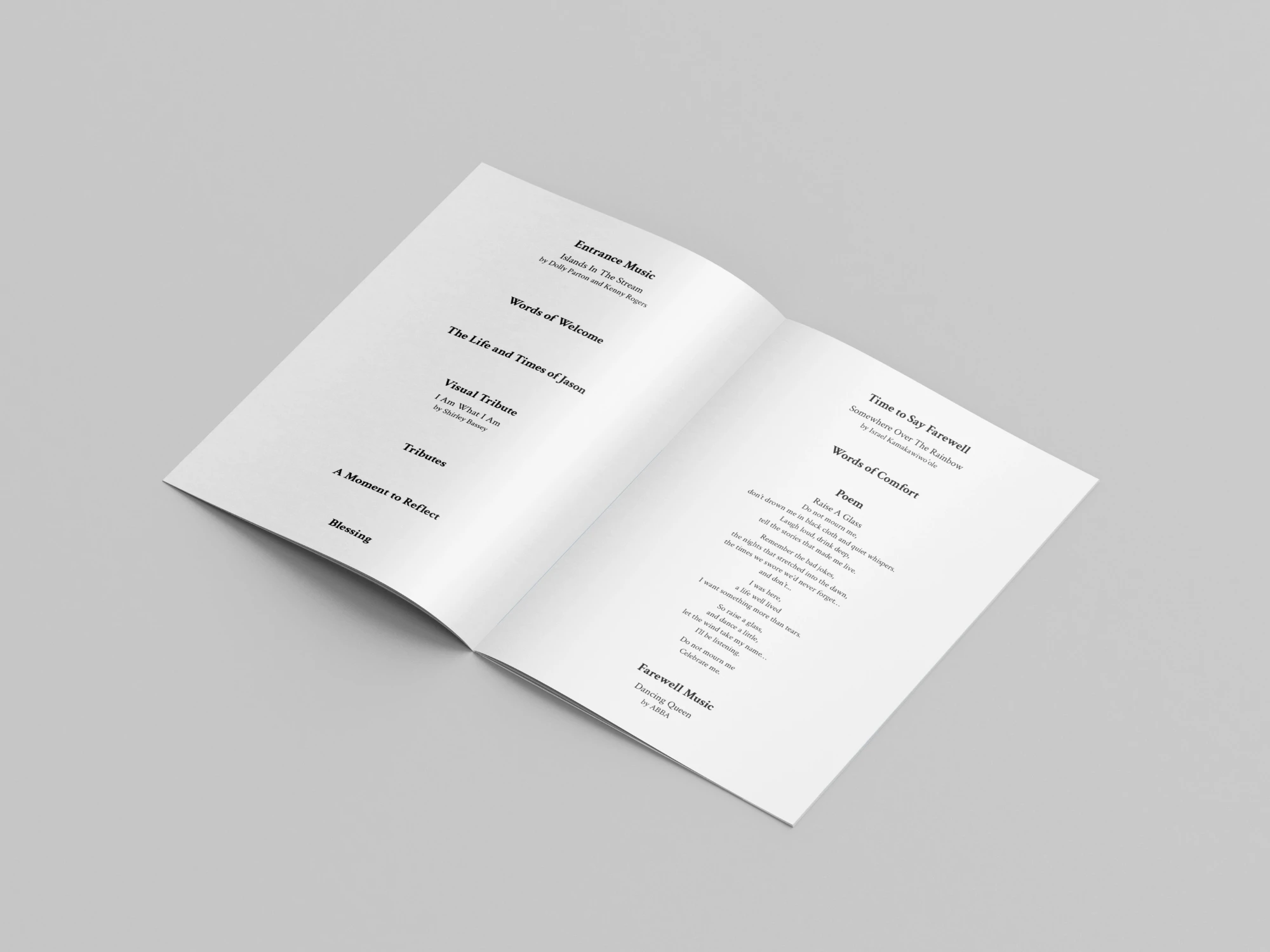 An open order of service booklet showing the running order and a poem