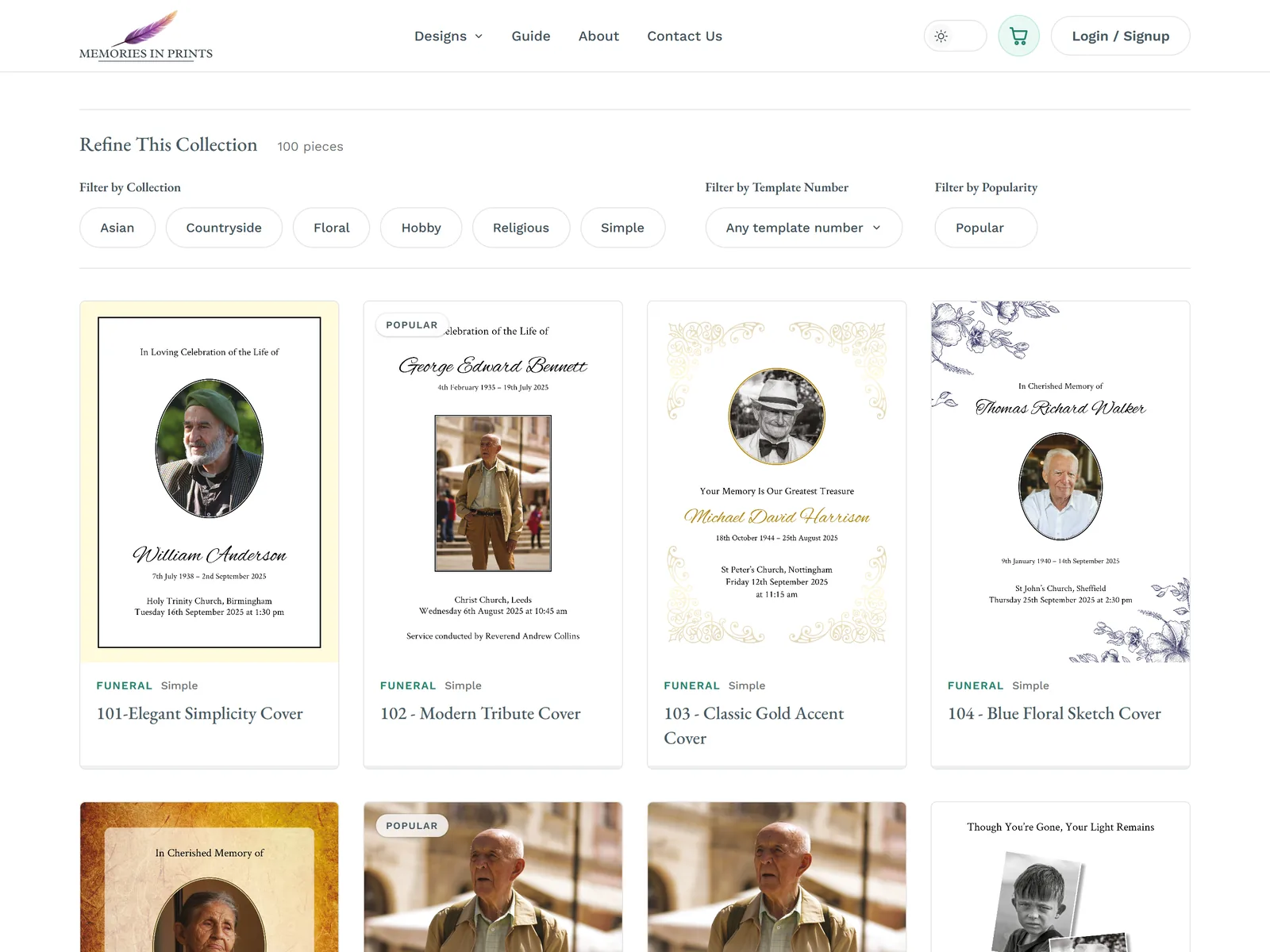 The Designs page, with filters and order of service covers to choose from
